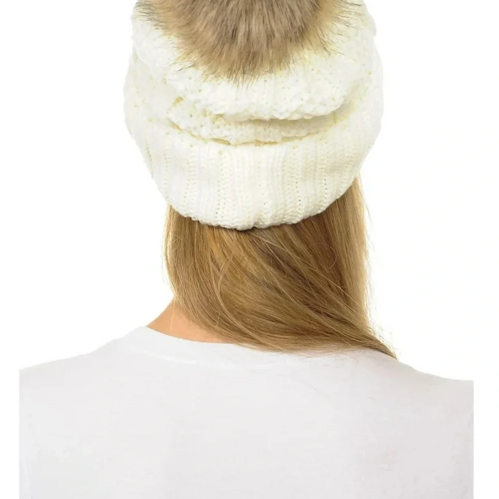 CC YJ820 beanie pom-pom‎ braided cable knit beanie fold-over detail EUC